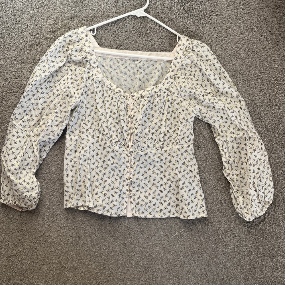 White and Blue Ruched Puff Sleeve Blouse